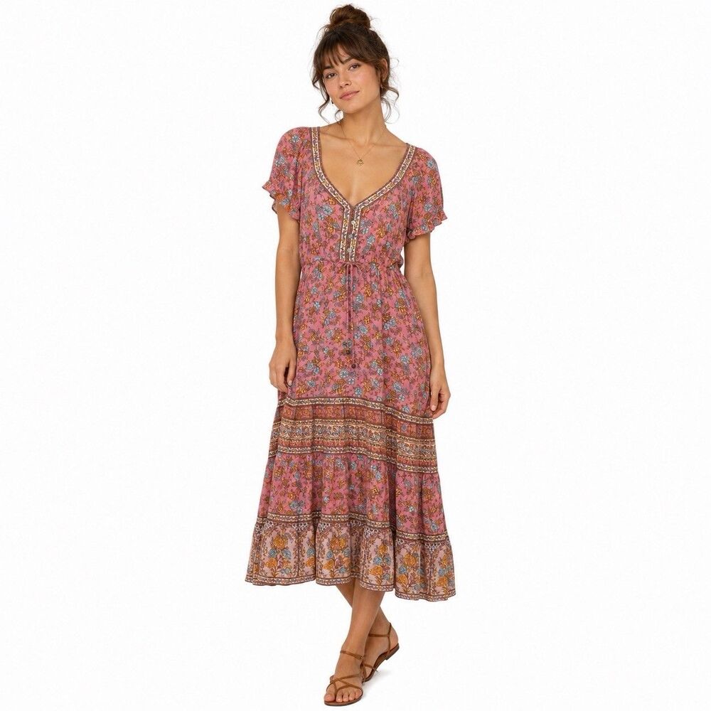 Arnhem Audrey Midi Dress Pink Plum Floral Boho Sundress Size 10 Sustainable Eco